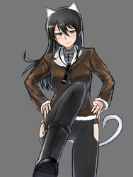 Rule 34 | 1girl, adolfine galland, animal ears, bad id, bad pixiv id, black hair, blue eyes, boots, hands on own hips, hip vent, jacket, long hair, military, military uniform, smile, solo, strike witches, strike witches zero, tail, telescope, ulrich (tagaragakuin), uniform, world witches series