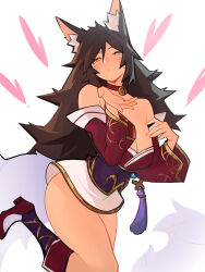 Rule 34 | 1girl, ahri (league of legends), animal ears, bare shoulders, bell, breasts, brown eyes, brown hair, choker, cleavage, distr, facial mark, fox ears, fox girl, fox tail, hands up, highres, korean clothes, large breasts, league of legends, long hair, long sleeves, neck bell, red choker, red footwear, solo, tail, whisker markings