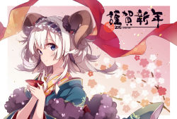 Rule 34 | 1girl, blue eyes, hairband, horns, japanese clothes, kimono, lolita hairband, long hair, looking at viewer, original, sheep horns, silver hair, smile, solo, translation request, umiko (munemiu)