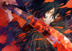 Rule 34 | 1boy, alternate costume, black hair, blood, blood splatter, chidoriasunaro, close-up, fate/grand order, fate (series), fighting stance, glowing, glowing eye, hair over one eye, hat, holding, holding weapon, japanese clothes, katana, koha-ace, long hair, long sleeves, looking at viewer, male focus, okada izou (fate), ponytail, red eyes, reflection, scarf, smile, solo, sword, weapon