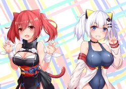 Rule 34 | 2girls, absurdres, animal ear fluff, animal ears, azur lane, bare shoulders, black choker, black dress, black skirt, blue eyes, blue one-piece swimsuit, blush, breasts, cat ears, choker, claw pose, cleavage, cleavage cutout, clothing cutout, collarbone, commentary request, cosplay, costume switch, cowboy shot, crossover, dress, fake animal ears, fang, hair between eyes, hairstyle connection, high collar, highres, i-19 (azur lane), jacket, jacket over swimsuit, kaguya luna, large breasts, looking at viewer, multiple girls, obi, off shoulder, one-piece swimsuit, open mouth, red eyes, red hair, ribbon, sash, school swimsuit, short hair, short twintails, sidelocks, silver hair, skirt, sleeveless, smile, standing, swimsuit, the moon studio, twintails, v, virtual youtuber, watchdog rol (y1104280730), wrist ribbon