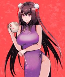 Rule 34 | 1girl, alternate costume, baozi, breasts, china dress, chinese clothes, commentary request, double bun, dress, fate/grand order, fate (series), food, hyakuichi, large breasts, long hair, nail polish, purple hair, red background, red eyes, red ribbon, ribbon, scathach (fate), scathach (fate), side slit, smile, solo
