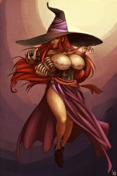 Rule 34 | 1girl, atryl, bare shoulders, breasts, cleavage, dragon&#039;s crown, dress, hat, highres, huge breasts, long hair, red hair, side slit, skeleton, solo, sorceress (dragon&#039;s crown), strapless, strapless dress, very long hair, witch hat