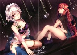 Rule 34 | 2girls, bat wings, blush, book, bottomless, bow, bra, braid, breasts, crease, dutch angle, fishnets, garter straps, gradient background, hair bow, hair ornament, head wings, izayoi sakuya, kneeling, knife, koakuma, large breasts, lingerie, long hair, looking at viewer, maid headdress, masaru.jp, midriff, multiple girls, navel, off shoulder, open clothes, open shirt, panties, parted lips, puffy sleeves, red eyes, red hair, scan, scan artifacts, shirt, short hair, short sleeves, silver hair, sitting, thighhighs, touhou, twin braids, underwear, wings