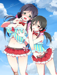 Rule 34 | 10s, 2girls, alternate hairstyle, black hair, blush, bow, breast envy, grabbing another&#039;s breast, breasts, cleavage, cloud, day, detached collar, frilled skirt, frills, grabbing, green eyes, hair bow, hair ornament, heart, large breasts, long hair, looking at viewer, love live!, love live! school idol festival, love live! school idol project, low twintails, midriff, miniskirt, multiple girls, navel, open mouth, purple hair, red eyes, sasoribi-dekine, scrunchie, skirt, sky, striped, tojo nozomi, twintails, v, vertical stripes, yazawa nico