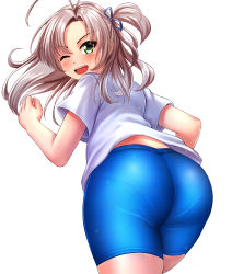 Rule 34 | 1girl, absurdres, ass, bike shorts, blue shorts, blurry, commission, cowboy shot, from behind, green eyes, grey hair, hair tie, highres, kantai collection, kinugasa (kancolle), kinugasa kai ni (kancolle), looking back, one eye closed, one side up, panties under bike shorts, pixiv commission, ribbon, shirt, shorts, simple background, solo, sweater, t-shirt, upper body, white background, white shirt, zanntetu