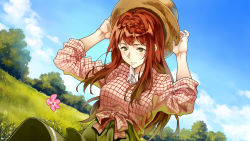 Rule 34 | 10s, 1girl, blue sky, braid, checkered clothes, checkered shirt, cheese kang, cloud, collared shirt, commentary request, crown braid, day, dress, dutch angle, flower, freckles, grass, green eyes, green skirt, grin, hat, highres, holding, holding clothes, holding hat, long hair, luculia marlborough, outdoors, red hair, shirt, skirt, sky, smile, solo, tree, violet evergarden (series)