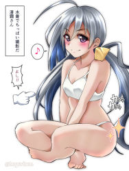 Rule 34 | 1girl, ahoge, akichin (atelier baguri), bikini, blue hair, breasts, colored inner hair, indian style, kantai collection, kiyoshimo (kancolle), low twintails, multicolored hair, musical note, silver hair, sitting, small breasts, smile, solo, sparkle, spoken musical note, swimsuit, twintails, twitter username, white bikini