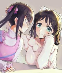 Rule 34 | 2girls, black hair, blush, bow, casual, green eyes, hair bow, half updo, hand on another&#039;s head, hand on own cheek, hand on own face, hand on table, kohinata miku, light smile, looking at another, looking to the side, multiple girls, niina ryou, profile, purple bow, purple eyes, senki zesshou symphogear, tsukuyomi shirabe, turtleneck, twintails, white bow, yuri