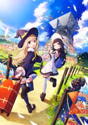 Rule 34 | 2girls, backpack, bag, black hair, blonde hair, blue sky, blue thighhighs, boots, braid, brown eyes, city, cloud, cloudy sky, day, detached sleeves, dress, fur trim, grin, hair between eyes, hat, highres, long hair, looking at viewer, mika pikazo, multiple girls, official art, one eye closed, open mouth, original, outdoors, sky, smile, standing, standing on one leg, thighhighs, tree, white legwear, witch hat