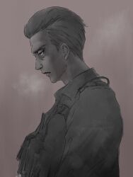Rule 34 | 1boy, bulletproof vest, collared shirt, empty eyes, from side, goddess of victory: nikke, grey background, greyscale, highres, mero (ilsttkgbz11), military uniform, monochrome, oswald (nikke), pouch, shaded face, shirt, short hair, simple background, solo, uniform, upper body, vest, vest pouch