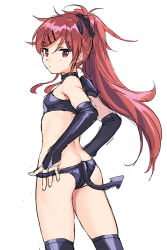 Rule 34 | 1girl, ass, bare shoulders, breasts, bridal gauntlets, butt crack, chigusa asuha, closed mouth, cowboy shot, demon tail, hair ornament, hair scrunchie, hairclip, horns, latex, long hair, looking at viewer, looking back, ponytail, qualidea code, red eyes, red hair, scrunchie, sekiya asami, sidelocks, sketch, small breasts, solo, standing, tail, thighhighs, very long hair