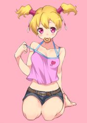 Rule 34 | 00s, 1girl, barefoot, belt, blonde hair, blouse, casual, chiroru (7450n), collarbone, doughnut, food, food in mouth, fresh precure!, full body, kneeling, momozono love, mouth hold, pink background, pink eyes, precure, seiza, shirt, short hair, short twintails, shorts, sitting, solo, strap slip, twintails