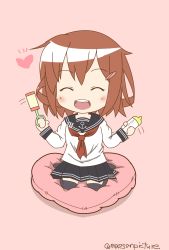 Rule 34 | 10s, 1girl, :d, ^ ^, anchor symbol, baby bottle, black skirt, black thighhighs, bottle, brown hair, chibi, closed eyes, closed eyes, facing viewer, fang, hair ornament, hairclip, highres, ikazuchi (kancolle), kantai collection, long sleeves, mae (maesanpicture), neckerchief, open mouth, pleated skirt, rattle, red neckerchief, school uniform, serafuku, short hair, skirt, smile, solo, thighhighs, twitter username