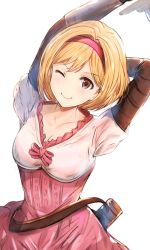 Rule 34 | 1girl, ;), arm behind head, arm up, blonde hair, breasts, brown eyes, cleavage, collarbone, commentary request, djeeta (granblue fantasy), granblue fantasy, hairband, holding, holding sword, holding weapon, looking at viewer, medium breasts, one eye closed, pink hairband, short hair, simple background, smile, so korokoro, solo, sword, weapon, white background