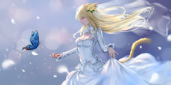 Rule 34 | 1girl, absurdres, animal ears, blonde hair, breasts, bug, butterfly, cat ears, cat tail, character request, cleavage, cleavage cutout, clothing cutout, dress, final fantasy, final fantasy xiv, floating hair, flower, from side, grey background, hair flower, hair ornament, highres, huijin zhi ling, bug, large breasts, lens flare, long dress, long hair, long sleeves, profile, rose, skirt hold, solo, standing, tail, very long hair, wedding dress, white dress, yellow eyes, yellow flower, yellow rose