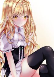 Rule 34 | 1girl, arm support, bad id, bad twitter id, black dress, black thighhighs, blonde hair, bow, braid, breasts, closed mouth, commentary request, dress, feet out of frame, glaring, gradient background, hair bow, hair ribbon, hand in own hair, hand up, highres, holding, holding own hair, kirisame marisa, knee up, long hair, looking at viewer, nanase nao, no headwear, pink background, puffy short sleeves, puffy sleeves, ribbon, short sleeves, side braid, simple background, single braid, sitting, small breasts, solo, thighhighs, touhou, tress ribbon, v-shaped eyebrows, very long hair, white bow, yellow eyes