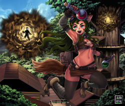 Rule 34 | 1girl, animal ears, ankle boots, bag, black thighhighs, boots, breasts, cat ears, cat tail, catamancer, commentary, dual wielding, explosion, fangs, fingerless gloves, full body, gloves, goggles, goggles on head, green hair, highres, holding, jumping, long hair, nail polish, navel, ninja, purple nails, ryu shou, satchel, small breasts, stomach, tail, thick eyebrows, thighhighs, vial