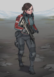 Rule 34 | 1girl, bipod, breasts, brown eyes, brown hair, bullpup, earrings, fanny pack, full body, gloves, gun, highres, holding, holding gun, holding weapon, jacket, jewelry, long hair, medium breasts, original, outdoors, pants, pouch, scope, serious, short ponytail, solo, standing, thigh pouch, trigger discipline, weapon, zerogravitas