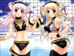 Rule 34 | 2girls, animal ears, ass, ball, beach, blonde hair, blush, breasts, brown eyes, cat ears, cat tail, cleavage, cleavage cutout, clothing cutout, kimizuka aoi, long hair, multiple girls, navel, net, ocean, open mouth, pink hair, purple eyes, sweatband, tail, volleyball, volleyball (object)