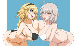 Rule 34 | 2girls, absurdres, ahoge, artist request, ass, bikini, black bikini, blonde hair, blue eyes, blush, braid, breast hold, breast press, breasts, collarbone, fate/apocrypha, fate/grand order, fate (series), hairband, highres, jeanne d&#039;arc (fate), jeanne d&#039;arc (ruler) (fate), jeanne d&#039;arc (swimsuit archer) (fate), jeanne d&#039;arc alter (avenger) (fate), jeanne d&#039;arc alter (fate), large breasts, leaning forward, long hair, looking at viewer, multiple girls, open mouth, short hair, silver hair, single braid, smile, swimsuit, symmetrical docking, thighs, tongue, tongue out, unaligned breasts, white bikini, yellow eyes