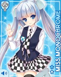 Rule 34 | 1girl, blue background, blue eyes, blue vest, blunt bangs, card, character name, checker pattern, closed mouth, girlfriend (kari), miss monochrome, miss monochrome (character), necktie, official art, pocket, qp:flapper, school uniform, shirt, skirt, smile, solo, tagme, thighhighs, twintails, vest, waving, white footwear, white hair, white shirt