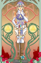 Rule 34 | 1girl, alternate costume, armor, art nouveau, bandana, blue eyes, boots, bridal gauntlets, brown hair, commentary, earrings, english commentary, full body, highres, jewelry, knee boots, long hair, nintendo, pauldrons, pelvic curtain, planted sword, planted, pointy ears, princess zelda, ring, shoulder armor, sidelocks, solo, sword, the legend of zelda, tiara, triforce, turtleneck, unicornlord, weapon