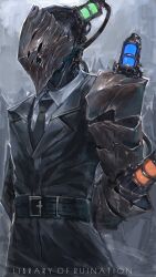 Rule 34 | 1boy, arms behind back, baral (project moon), belt, black belt, black coat, black necktie, coat, collared shirt, copyright name, cowboy shot, facing to the side, gauntlets, helmet, highres, library of ruina, male focus, nameno92372763, necktie, project moon, shirt, solo, syringe, white shirt, wing collar