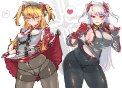 Rule 34 | 2girls, admiral hipper (azur lane), ahoge, antenna hair, armpit cutout, azur lane, black legwear, black panties, blonde hair, blush, breasts, brown eyes, closed mouth, clothes lift, clothing cutout, commentary request, cross, dress, dress lift, gloves, green eyes, hair between eyes, headgear, heart, iron cross, large breasts, lifting own clothes, long hair, long sleeves, looking at viewer, mole, mole on breast, multicolored hair, multiple girls, navel, open mouth, panties, panties under pantyhose, pantyhose, panzer (p.z), prinz eugen (azur lane), red hair, sideboob, silver hair, small breasts, smile, speech bubble, spoken blush, spoken heart, standing, streaked hair, striped clothes, striped panties, sweat, swept bangs, thighband pantyhose, two side up, underwear, very long hair, white panties, wide hips