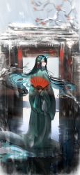 Rule 34 | 1girl, absurdres, arknights, black hair, chinese clothes, chinese commentary, closed mouth, colored inner hair, commentary request, dusk (arknights), earrings, expressionless, folding fan, from behind, full body, gawako, green hair, green robe, hand fan, hanfu, highres, holding, holding fan, horns, jewelry, long hair, looking at viewer, looking back, multicolored hair, outdoors, pointy ears, red eyes, robe, snowing, solo, standing, tree