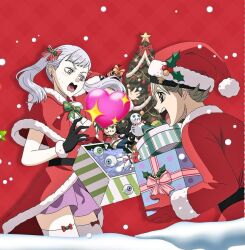 Rule 34 | 1boy, 1girl, asta (black clover), bad tag, bird, black clover, blush, christmas, christmas ornaments, christmas tree, embarrassed, hetero, noelle silva, open mouth, presents, secre swallowtail, stuffed toy, twintails