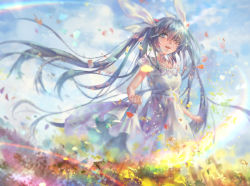 Rule 34 | 1girl, azomo, blue eyes, blue hair, cloud, cloudy sky, day, dress, eyebrows, from below, hair ribbon, hatsune miku, highres, long hair, matching hair/eyes, one eye closed, outdoors, ribbon, skirt hold, sky, solo, sundress, twintails, very long hair, vocaloid, white dress, white ribbon