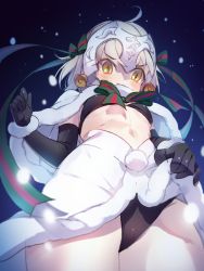 Rule 34 | 1girl, ahoge, bell, bikini, bikini top only, black bikini, black gloves, black panties, black thighhighs, blonde hair, blurry, blush, breasts, capelet, clothes lift, covered mouth, cowboy shot, depth of field, elbow gloves, embarrassed, fate/grand order, fate (series), from below, fur trim, furrowed brow, gloves, glowing, hair ribbon, headpiece, jeanne d&#039;arc (fate), jeanne d&#039;arc alter (fate), jeanne d&#039;arc alter santa lily (fate), lifting own clothes, looking down, midriff, miniskirt, miya (ete), panties, pom pom (clothes), ribbon, silver hair, skirt, skirt lift, small breasts, snowing, solo, striped, swimsuit, thighhighs, underboob, underwear, upskirt, white skirt, wrist cuffs, yellow eyes