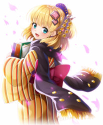 Rule 34 | 1girl, :d, black scarf, blonde hair, blue eyes, book, carrying, comb, commentary request, cowboy shot, fringe trim, from behind, hair ornament, hair stick, half updo, head tilt, highres, japanese clothes, kanna (chaos966), kimono, looking at viewer, looking back, obi, open mouth, oshiro project:re, petals, sash, scarf, shinagawa daiba (oshiro project), short hair, simple background, smile, solo, striped clothes, striped kimono, vertical stripes, white background
