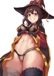 Rule 34 | 1girl, abs, alternate breast size, bandaged leg, bandages, black bra, black gloves, black panties, black thighhighs, blush, bra, breasts, brown hair, cape, choker, cleft of venus, clothes lift, dress, dress lift, gloves, hat, highres, kono subarashii sekai ni shukufuku wo!, lace, large breasts, lifted by self, long sleeves, looking at viewer, megumin, naughty face, navel, nipples, panties, pussy, red dress, red eyes, see-through, short hair with long locks, single thighhigh, smile, solo, stomach, sweat, thighhighs, thighs, toned, uncensored, underwear, velminth, white background, witch hat