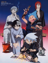 Rule 34 | 00s, 5boys, ;d, absurdres, age difference, alternate costume, black hair, black star, blue eyes, blue hair, bucket, cigarette, death the kid, fireworks, folding fan, food, franken stein (soul eater), fruit, glasses, gradient background, green eyes, grey hair, grin, hair between eyes, hand fan, hand on own chin, happy, headband, highres, holding, incense, japanese clothes, kayari buta, kimono, kneeling, light smile, looking down, male focus, mosquito coil, multicolored hair, multiple boys, official art, oguri hiroko, one eye closed, opaque glasses, open mouth, pig, red eyes, red hair, sandals, sash, scan, senkou hanabi, shadow, short hair, sitting, smile, smoke, smoking, soul eater, soul evans, sparkler, spiked hair, spirit albarn, standing, stitches, streaked hair, stroking own chin, two-tone hair, v, veranda, watermelon, white hair, wince, wristband, yellow eyes, yukata