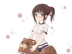 Rule 34 | 1girl, animal costume, bear costume, bike shorts, blush, breasts, breath, brown hair, cameltoe, cosplay, grey eyes, kuma (2ch), long hair, midriff, nipples, non-web source, original, pedobear, ponytail, see-through, shirt, small breasts, solo, source request, sweat, wet, wet clothes, wet shirt