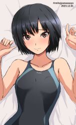Rule 34 | 1girl, absurdres, amagami, artist name, bed sheet, black hair, black one-piece swimsuit, blue one-piece swimsuit, blush, breasts, brown eyes, closed mouth, collarbone, commentary, competition swimsuit, curled fingers, dated, hands up, highres, light blush, light smile, looking at viewer, lying, mitojyaneeeeyo, nanasaki ai, on back, one-piece swimsuit, raised eyebrows, short hair, small breasts, smile, solo, swimsuit, twitter username, two-tone swimsuit, upper body, w arms, white background