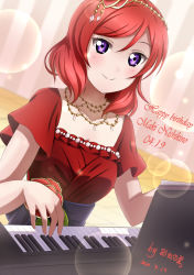 Rule 34 | 1girl, character name, dated, dress, hair ornament, happy birthday, highres, instrument, lens flare, looking at viewer, love live!, love live! school idol project, music, nishikino maki, piano, playing instrument, playing piano, purple eyes, red dress, red hair, short hair, signature, sleeveless, sleeveless dress, smile, solo, upper body, xiaoxin041590