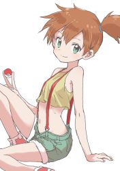 Rule 34 | 1girl, absurdres, arm support, blue eyes, breasts, brown hair, closed mouth, creatures (company), crop top, game freak, highres, looking at viewer, midriff, misty (pokemon), navel, nintendo, open fly, pokemon, pokemon (anime), pokemon (classic anime), shoes, short hair, short shorts, short sidetail, shorts, simple background, sitting, small breasts, smile, sneakers, solo, suspenders, white background, yamamoto souichirou