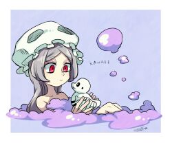 Rule 34 | 1girl, alternate hairstyle, artist name, bathing, bloody marie (skullgirls), bubble, collarbone, falarica, grey hair, hat, holding, holding toy, large hat, legs, long hair, looking at another, lying, mob cap, nude, parted bangs, red eyes, rubber duck, skullgirls, smile, soap bubbles, solo, toy, white hat