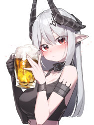 Rule 34 | 1girl, absurdres, alcohol, arknights, armlet, beer, beer mug, beudelb, black gloves, black shirt, blush, bracelet, breasts, closed mouth, commentary, cropped shirt, cup, demon girl, demon horns, ear piercing, elbow gloves, gloves, grey hair, hair between eyes, highres, holding, holding cup, horns, infection monitor (arknights), jewelry, large breasts, looking at viewer, material growth, mudrock (arknights), mug, oripathy lesion (arknights), piercing, pointy ears, red eyes, shirt, simple background, single glove, sleeveless, sleeveless shirt, solo, upper body, white background