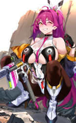 1girl bare_shoulders black_jacket black_leotard blush boots borrowed_character breasts grin gun hair_ornament high_heel_boots high_heels highres jacket jirusu knee_boots large_breasts leotard long_hair long_sleeves looking_at_viewer multicolored_leotard new_(lk) off_shoulder one_eye_closed original pink_hair ponytail second-party_source side_ponytail smile squatting weapon white_footwear white_leotard yellow_jacket