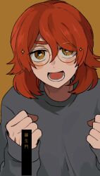Rule 34 | 1girl, blush stickers, clenched hands, glasses, long hair, long sleeves, looking at viewer, maco22, open mouth, orange hair, original, sleeves past wrists, smile, solo, sparkle, thick eyebrows, translation request, yellow background