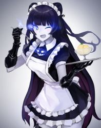 Rule 34 | 10s, 1girl, ;d, abyssal ship, alternate costume, apron, bad id, bad pixiv id, black hair, blue eyes, blush, colored skin, double bun, enmaided, food, gauntlets, glowing, glowing eyes, ice cream, kantai collection, light cruiser oni, long hair, looking at viewer, maid, maid apron, maid headdress, one eye closed, open mouth, smile, solo, spoon, tray, weasel (close-to-the-edge), white skin