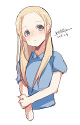 Rule 34 | 1girl, :o, arm grab, blonde hair, blue eyes, blue shirt, blush, cropped torso, dated, forehead, head tilt, long hair, looking at viewer, maze (gochama ze gohan), original, parted bangs, parted lips, puffy short sleeves, puffy sleeves, shirt, short sleeves, signature, simple background, sketch, solo, upper body, white background