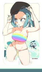 Rule 34 | 1girl, adjusting hair, alolan form, alolan rattata, alternate costume, arms up, artist name, bare arms, beach, bikini, blue eyes, blue hair, blush, breasts, brekkist, cabbie hat, cleavage, creatures (company), game freak, gen 7 pokemon, hair rings, hat, highres, large breasts, looking to the side, mismatched bikini, multicolored bikini, multicolored clothes, navel, nintendo, panties, parted lips, partially submerged, pokemon, pokemon (creature), pokemon usum, short twintails, sideboob, skindentation, solo, standing, strapless, strapless bikini, swimsuit, team rainbow rocket grunt, team rocket, twintails, underwear, wading, water, wet, yellow bikini