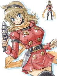 Rule 34 | 1girl, amania orz, belt, blonde hair, blue eyes, breasts, closed mouth, cosplay, cyborg 009, gun, hairband, large breasts, long hair, looking at viewer, original, scarf, simple background, skirt, smile, solo, thighhighs, weapon, white background