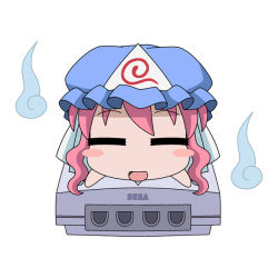 Rule 34 | 1girl, = =, blush stickers, chibi, closed eyes, embers, female focus, game console, hat, hatomugisan, mob cap, open mouth, parody, personification, pink hair, product placement, saigyouji yuyuko, sega, sega dreamcast, simple background, solo, touhou, white background