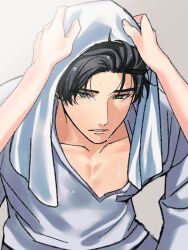 Rule 34 | 1boy, black hair, collarbone, dao (daao bf), drying, drying hair, green eyes, lips, looking at viewer, love and deepspace, male focus, out of frame, parted lips, protagonist (love and deepspace), shirt, short hair, solo focus, towel, towel on head, wet, wet hair, white shirt, zayne (love and deepspace)